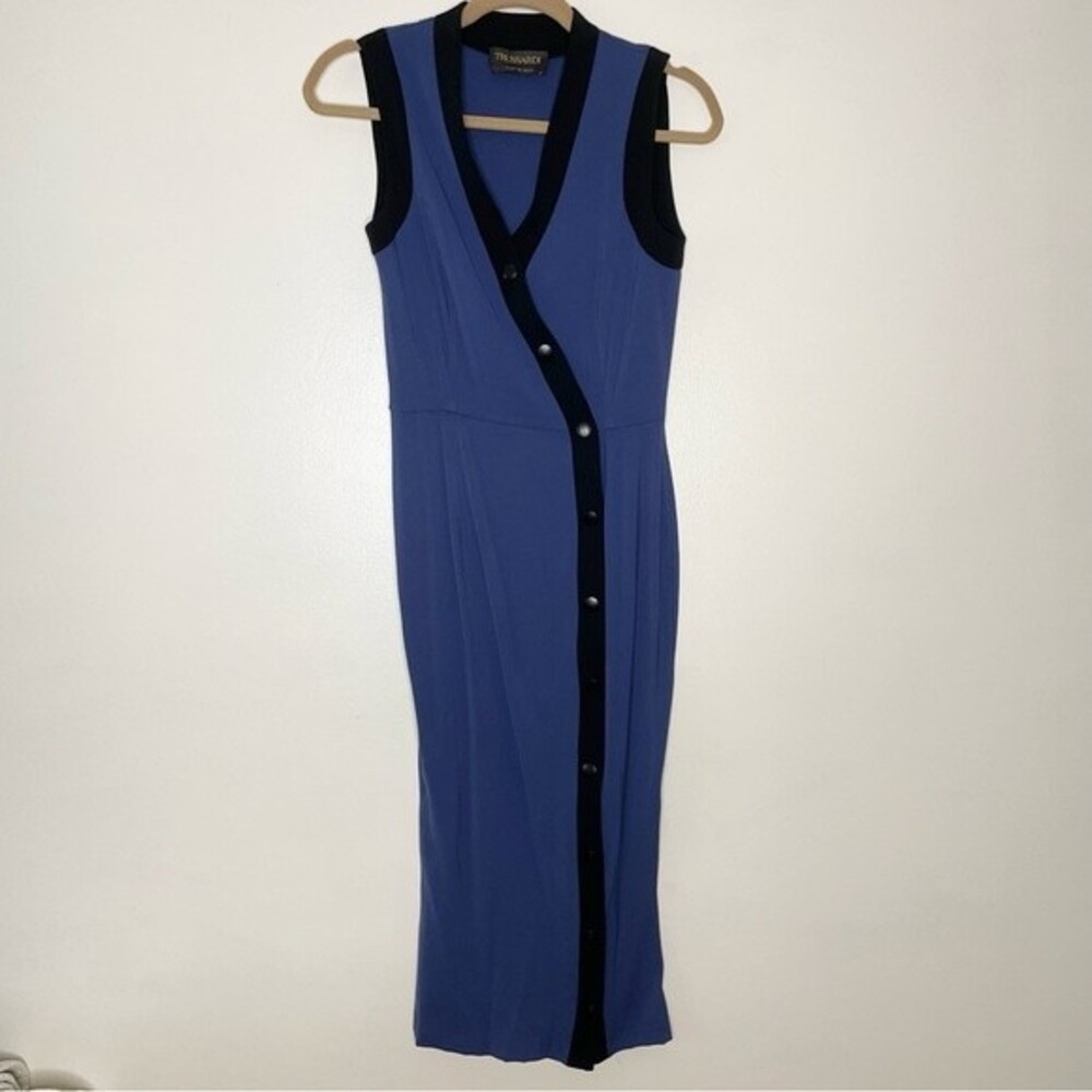 Trussardi Dress Sleeveless Bodycon Button Front V Neck Royal Blue Black Size XS